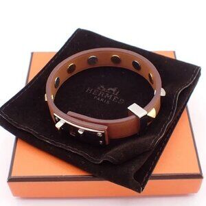HERMES Logo Mini Dog Square Crew Bracelet Leather Silver 82LC604